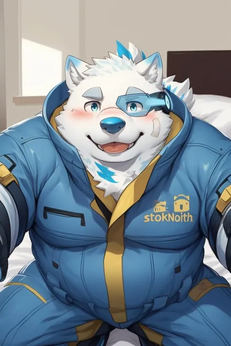 yohack, solo, canid, mammal, white body, white fur, blue eyes, band-aid, tail, jumpsuit, superhero, handwear, scouter, smile, blush, kneeling, hands on ground, looking at viewer, blep, stocky, (on bed), inside, first person view, on front, front view, by null-ghost, by 96panda, <lora:yohack-000012:0.9>