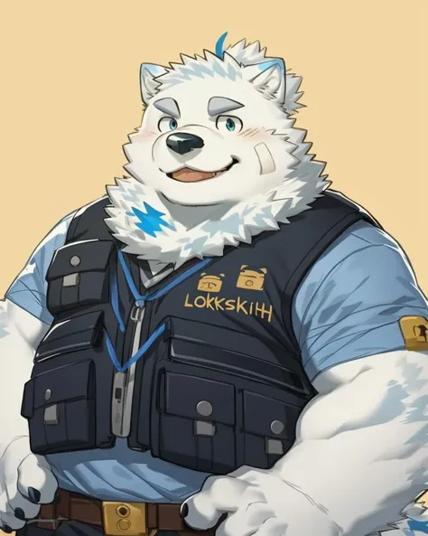 yohack, solo, canid, mammal, white body, white fur, blue eyes, band-aid, vest, shirt, smile, blep, stocky, (half-length portrait:1.2), by milkytiger1145, by takemoto arashi, <lora:yohack-000012:1>