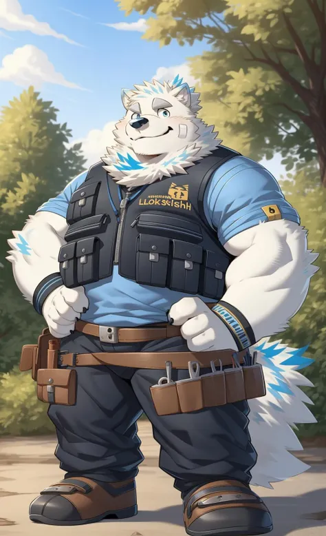 yohack, solo, canid, mammal, white body, white fur, blue eyes, wet fur, band-aid, tail, vest, shirt, wristband, pants, footwear, looking at viewer, tool belt, outside, front view, by takemoto arashi, hot body hot belly. Show bear your huge dick. I wanna cook you dick Drencheds Semen. I sucked you big dick Drencheds Semen. I want to hug your big belly. Show you dick Drencheds semen. Please show me your huge dick Drencheds semen 🍆 sex