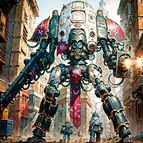 Generate a stunning art style, a true [masterpiece] [best quality] of art. The image showcases [detailed linework], [dynamic shading], and [dramatic lighting], bringing to life a [dreading atmosphere, grim dark coloures] . In the background a [gothic hive city, siege, explosion,  warhammer 40k] is to be seen in [grand:1.8, high-scale:1.8, panorama:1.8] from [from below].
wh40k_freeblade, (gigantic size , enormous, giant, size difference) is (solo:1.5), (full body), (charging forward) in to the enemy. It has as  [(armament reaper_chainsword on right arm), (armament  battle_cannon on left arm)].
<lora:wh40k_freeblade:0.8>