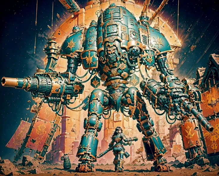 Generate a stunning art style, a true [masterpiece] [best quality] of art. The image showcases [detailed linework], [dynamic shading], and [dramatic lighting], bringing to life a [dreading atmosphere, grim dark coloures] . In the background a [gothic city, siege, explosion,  warhammer 40k] is to be seen in [grand:1.8, high-scale:1.8, panorama:1.8] from [from below].
wh40k_freeblade, (gigantic size , enormous, giant, size difference) is (solo:1.5), (full body), (charging forward) in to the enemy. It has as  [(armament reaper_chainsword on right arm), (armament  battle_cannon on left arm)].
<lora:wh40k_freeblade:0.9>