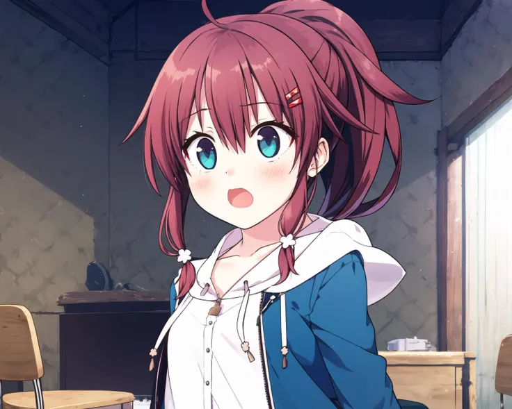 1girl,solo,hair ornament,jacket,ponytail,indoors,blush,open mouth,hairclip,hood,chair,red hair,brown jacket,hooded jacket,collarbone,sidelocks,bangs,open clothes,short sleeves,open jacket,hood down,upper body,ahoge,blue eyes,looking away,yellow jacket,shirt,white shirt,hair between eyes,<lora:migita hibiki:0.8>,<lora:BArtstyleREv3-ANY-Lion:1>,