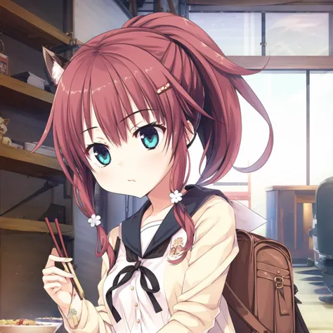 1girl,school uniform,skirt,red hair,hair ornament,bento,plaid,ponytail,bag,plaid skirt,food,school bag,solo,fox tail,aqua eyes,fox,squatting,cat,chopsticks,fox ears,pleated skirt,sidelocks,blue eyes,flower,serafuku,<lora:migita hibiki:0.8>,<lora:Youzi5-000025:0.7>,