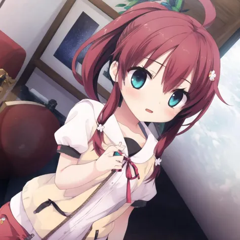 1girl,solo,hair ornament,shorts,shirt,long hair,white shirt,collarbone,short sleeves,ribbon,flower,open clothes,short shorts,closed mouth,hair between eyes,looking at viewer,neck ribbon,bangs,indoors,hair flower,dutch angle,red ribbon,red hair,shiny hair,blush,standing,hairclip,white flower,shiny,jacket,ponytail,brown hair,open jacket,ahoge,yellow jacket,dress shirt,orange shorts,belt,wooden floor,red shortsr,<lora:migita hibiki:0.8>,<lora:Youzi5-000025:0.7>,