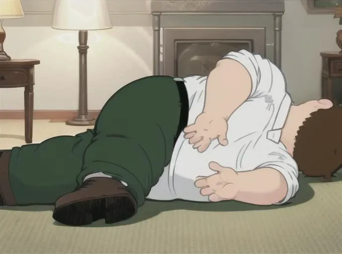 <lyco:Deathpose-08:0.7> Deathpose, solo, brown hair, shirt, 1boy, male focus, pants, indoors, on side, table, injury, lamp, fat, green pants, fat man