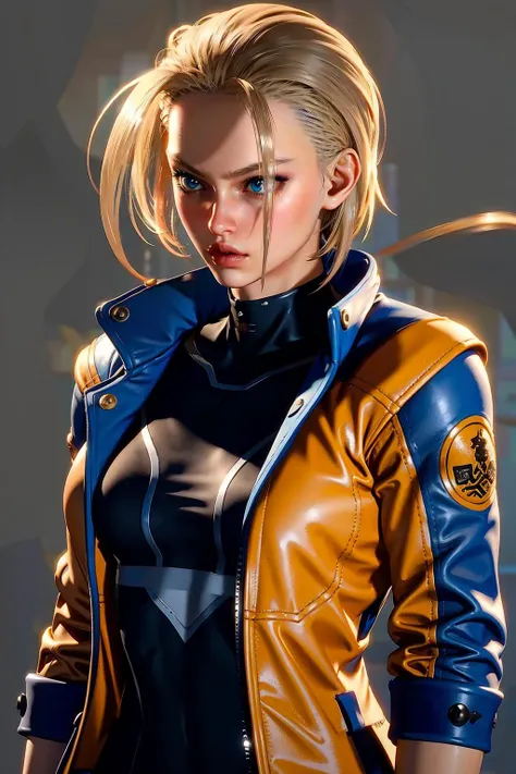 8k,highres, best quality,1girl,upper body, ((looking at viewer)),facing viewer, simple background, frontlight,   jacket, 
 <lora:sfcammyv12:0.8>