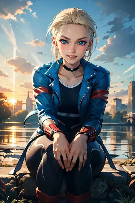 sfcammy, looking at viewer, smiling, happy, medium shot, sitting, on ground, cute pose, outside, park, field, autumn, dusk, twilight sky,  extreme detail, masterpiece, beautiful quality,   <lora:sf6cammyv3:.6>