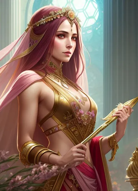 (symmetry:1.1) (portrait of floral:1.05) a woman as a beautiful goddess, (assassins creed style:0.8), pink and gold and opal color scheme, beautiful intricate filegrid facepaint, intricate, elegant, highly detailed, digital painting, artstation, concept art, smooth, sharp focus, illustration, art by greg rutkowski and alphonse mucha, 8k