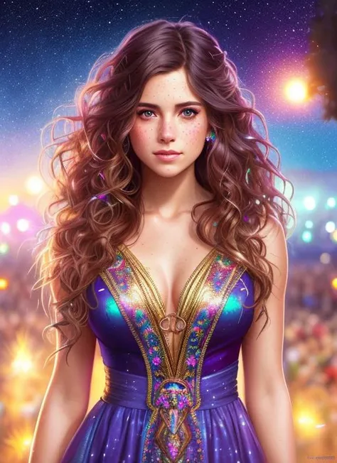 photorealistic painting ((full body)) portrait of ((stunningly attractive)) a woman at a music festival, ((perfect feminine face)), (+long colorful wavy hair), (+glitter freckles), glitter, wearing a dress, intricate, 8k, highly detailed, volumetric lighting, digital painting, intense, sharp focus, art by artgerm and rutkowski and alphonse mucha, cgsociety