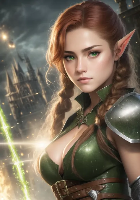 Masterpiece, best quality, realistic, style by Style-Skaven, 1girl, Shakira, with (twintails :1.2) red hair, as an (elf assassin:1.3), wearing (intricate leather armor:1.1), leather bodysuit, (leather boots:1.3), medieval, rogue, cleavage, (magical:1.1), (green magical explosion:1.3), fighting a huge rat monster, green electricity, green lightning, backlighting, (bloom:1.1), (light sparkles:1.2), (chromatic aberration:1.0), (shallow depth of field:1.2), looking at viewer, (dutch angle:1.0), sharp focus, perfect feminine face, (volumetric lighting:1.0), (detailed:1.0), (photorealistic:1.0), digital painting, (sharp:1), (realistic:1.0), cleavage