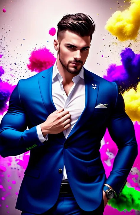 glamour photoshoot, rugged fitness model posing, trendy suit, vibrant colors, color splash, chalk explosions, professional photo, cinematic lighting, sharp focus