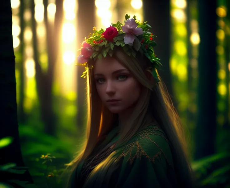 Masterpiece, best quality, 100mm, f/4, shutter speed 1/250, ISO 200, an elven goddess in a forest clearing, cinematic lighting, (backlighting:1.2), (bloom:1.2), (chromatic aberration:1.2), sharp focus