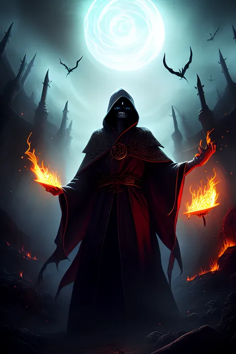 undead mage casting a powerful spell, burning eyes, fire, lightning, death, bones, ghouls, intricate robe, ominous atmosphere, karma rendering, masterpiece, fantasy art