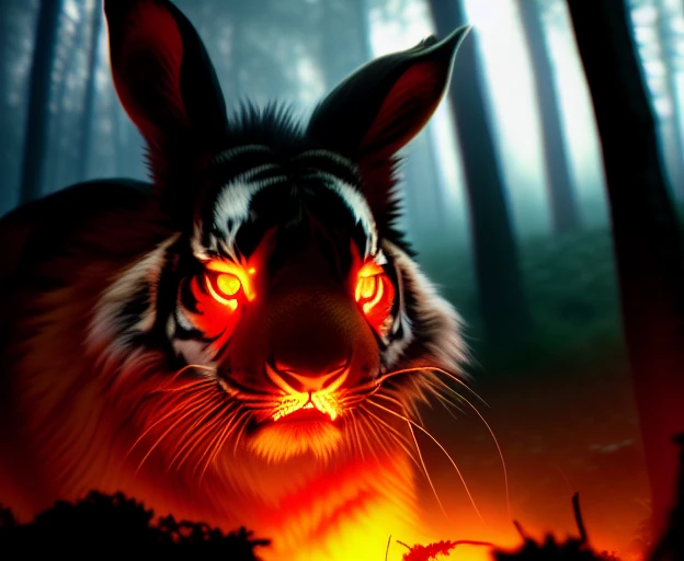 Masterpiece, best quality, 500mm, f/4, shutter speed 1/1000, ISO 3200, a [rabbit:tiger:0.5] in a forest clearing, evil, monster teeth, roaring, red glowing eyes, ominous atmosphere, cinematic lighting, (backlighting:1.2), (bloom:1.2), (chromatic aberration:1.2), sharp focus