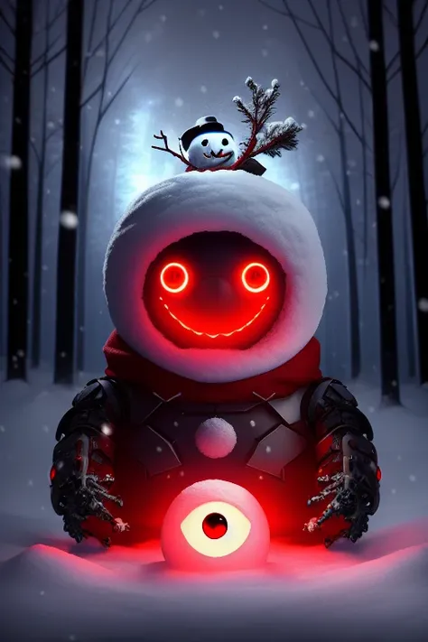 a snowman, half made out of cyborg parts, with one glowing red eye, with an evil smile on his face, in the middle of a snow forest, dynamic lighting, photorealistic fantasy concept art, trending on art station, stunning visuals, creative, cinematic, ultra detailed