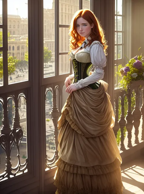 Style-Empire, A beautiful girl (1girl:1.3), (solo:1.3), standing at a palace bay window, facing viewer, by Antoine Blanchard, by Casey Baugh, 18 year old woman, brat, smirk expression, (freckles:0.8), pale, auburn hair, green eyes, intricate (Victorian princess corset dress:1.3), sunny (backlighting:1.4), (bloom:0.6), light shafts, (light sparkles:0.8), (lens flare:0.9), victorian city outside