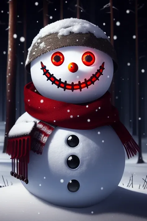 a snowman, half made out of cyborg parts, with one glowing red eye, with an evil smile on his face, in the middle of a snow forest, dynamic lighting, photorealistic fantasy concept art, trending on art station, stunning visuals, creative, cinematic, ultra detailed
