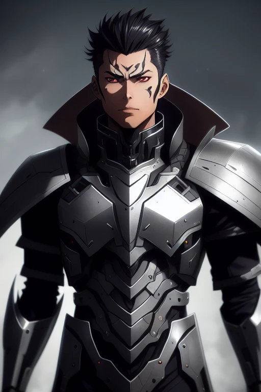 a detailed manga character portrait of a dark haired silver cyborg anime man wearing a tattered brown cape, trending on artstation, digital art, 4 k resolution, detailed, octane render, high quality, sharp focus, hq artwork, insane detail, concept art, character concept, character illustration, full body illustration, cinematic, dramatic lighting