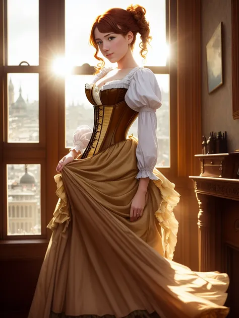 Style-Empire, A beautiful girl (1girl:1.4), (solo:1.4), standing at a palace bay window, facing viewer, by Antoine Blanchard, by Casey Baugh, 18 year old woman, brat, smirk expression, (freckles:0.8), pale, auburn hair, brown eyes, intricate (Victorian princess corset dress:1.3), sunny (backlighting:1.3), (bloom:0.8), light shafts, (light sparkles:0.7), (lens flare:0.9), victorian city outside