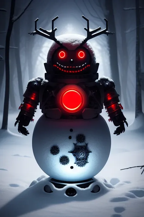 a snowman, half made out of cyborg parts, with one glowing red eye, with an evil smile on his face, in the middle of a snow forest, dynamic lighting, photorealistic fantasy concept art, trending on art station, stunning visuals, creative, cinematic, ultra detailed