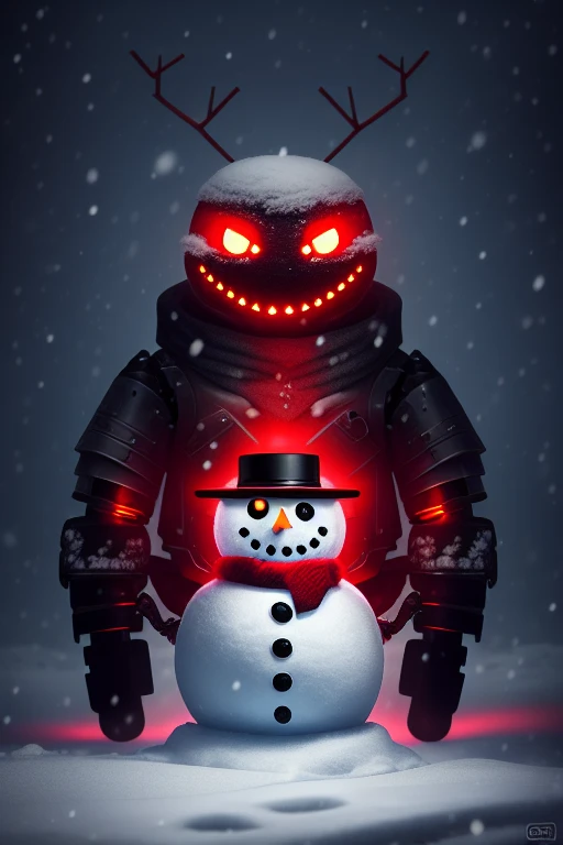 a snowman, half made out of cyborg parts, with one glowing red eye, with an evil smile on his face, in the middle of a snow forest, dynamic lighting, photorealistic fantasy concept art, trending on art station, stunning visuals, creative, cinematic, ultra detailed