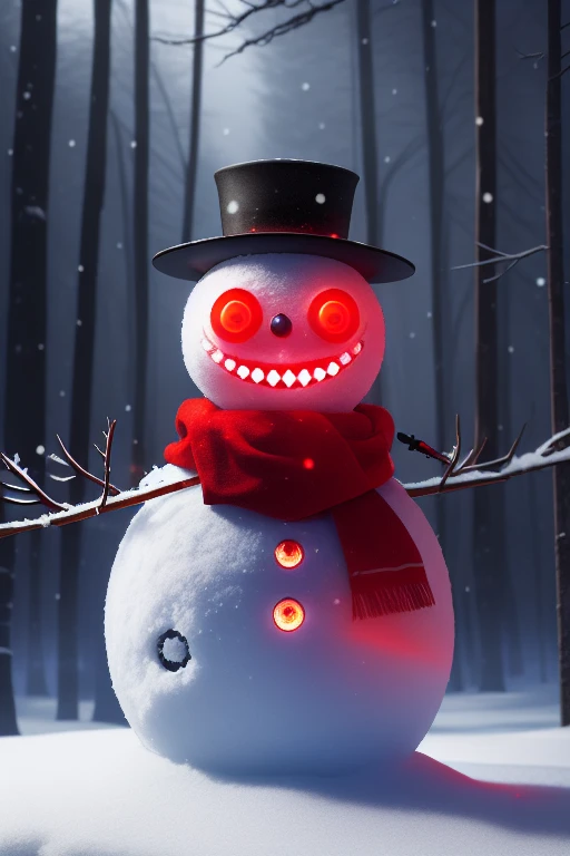 a snowman, half made out of cyborg parts, with one glowing red eye, with an evil smile on his face, in the middle of a snow forest, dynamic lighting, photorealistic fantasy concept art, trending on art station, stunning visuals, creative, cinematic, ultra detailed