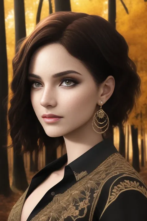 tamzenefull portrait, masterpiece, best quality, highest quality, (realistic lighting:1.004), nsfw, light particles, low angle, perfect face, intricate (high detail:1.1), official art, (1girl solo), seductive_style, earrings, Autumn, looking at viewer, shirt, short hair, Autumn_forest_ background,