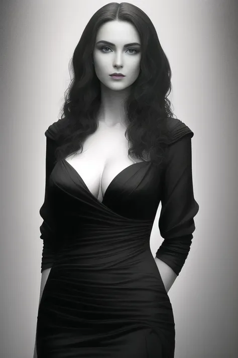 tamzenefull portrait (selective color red dress) ((black and white)) torso ample plump busty detailed beautiful painting by alexei savrosov and fantasy engraving