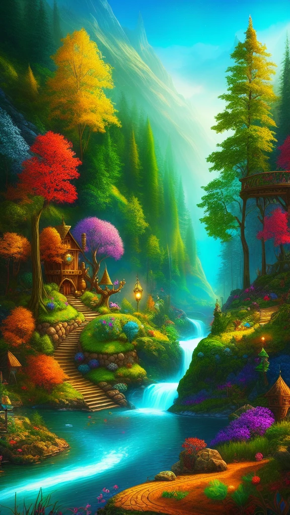 ((fantasy)), forest river, highly detailed, stylized, colorful, highres