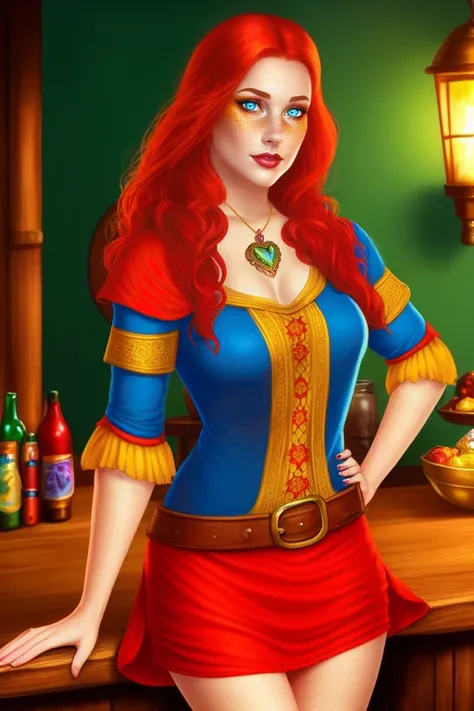 full body, beautiful young woman, waitress, red hair, freckles, large pink heart shaped jewel necklace, (tight tunic), no pants, ((fantasy)), tavern, highly detailed, stylized, colorful, highres