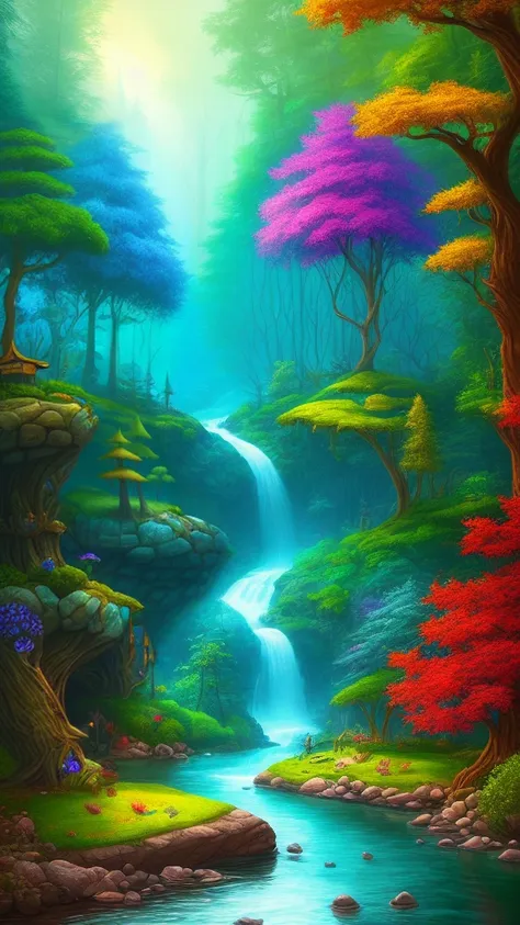 ((fantasy)), forest river, highly detailed, stylized, colorful, highres