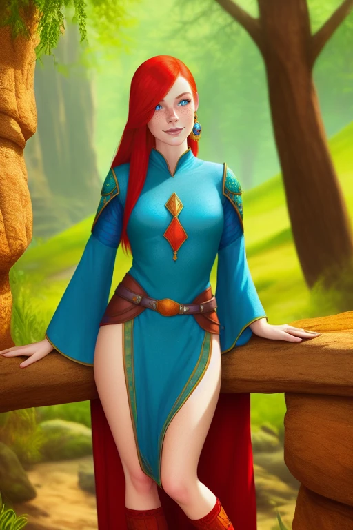 full body, beautiful young woman, adventurer, red hair, blue eyes, freckles, happy, (tight tunic), no pants, ((fantasy)), outdoors, highly detailed, stylized, colorful, highres