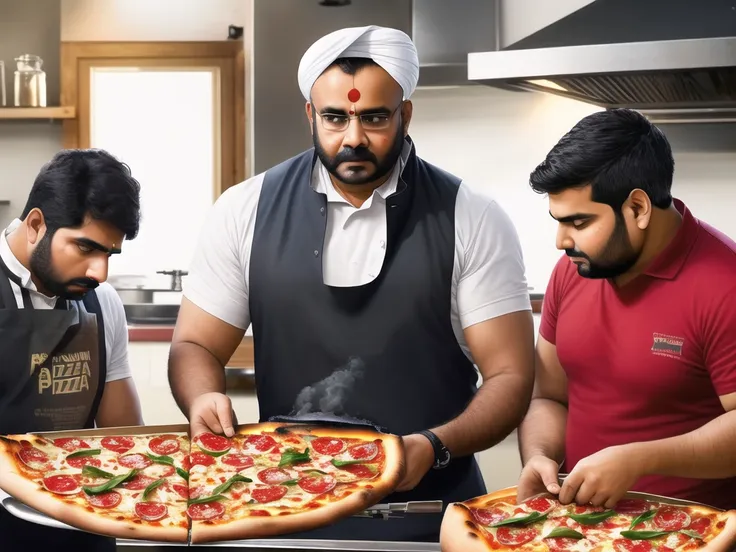 masterpiece, best quality, realistic, wide shot, three (ugly:1.2) (Indian:1.3) men (struggling:1.2) to make pizza, 3boys, pizza kitchen, nervous, (burnt pizza:1.5), ultra-realistic, (volumetric lighting:1.0), (detailed:1.0), (photorealistic:1.0), it's not going well, digital painting, (sharp:1), (realistic:1.0), day after christmas, angry customers outside