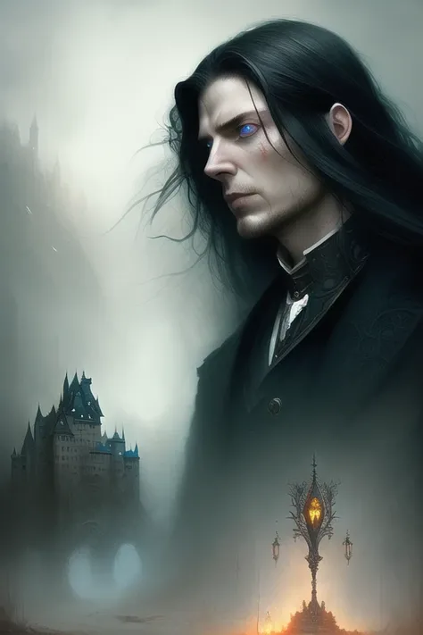masterpiece, best quality, 3\4 body shot, {{fantasy}}, drawing of a man wearing black coat, masculine, handsome, mucular, {long black hair}, {{blue eyes}}, pale skin, old castle on the background, eye level shot, extremely detailed, intricate details, digital art, painting, art by Bastien Lecouffe-Deharme