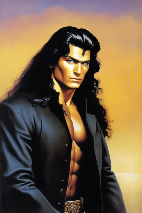 masterpiece, best quality, {{{3\4 body shot}}}, {{fantasy}}, {{art by by Boris Vallejo}}, art by Frank Frazetta, drawing of a man wearing black coat, masculine, handsome, mucular, {long black hair}, {{{blue eyes}}}, pale skin, old castle on the background, intricate details, eye level shot, extremely detailed, digital art, painting