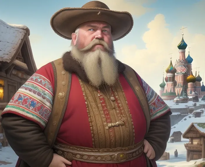 masterpiece, best quality, {art by Even Mehl Amundsen}, fantasy art of the chubby middle-aged bearded man, russian trader wearing colorfull slavic clothes, medieval russian slavic city on the background, realistic, extremely detailed, bright, epic, beautifull, {{{vibrant}}}