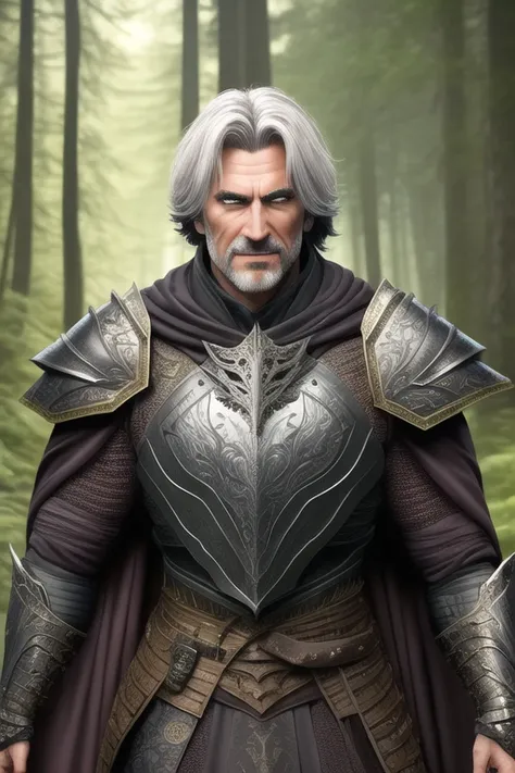 masterpiece, best quality, {{art by Artgerm}}, {{{{portrait}}}}, close up shot, upper body shot, {{{realism}}}, {{extremely realistic}}, {{photorealistic}}, fantasy, male focus, 1boy, {{{adult man}}}, aged, weathered, {{handsome}}, tall, masculine, brutal, {{{muscular}}}, {{{athletic}}}, {{{buff}}}, {{huge}}, {{massive}}, {smug smile}, yellow eyes, animal ears, wolf ears, {{medium grey hair}}, warrior, wearing fantasy armor, full body armor, breastplate, clothing underneath, {{{wearing cloak}}}, dark forest on the background, {{{{intricate details}}}}, extremely detailed, high resolution illustration, firm anatomy, sharp focus, unreal engine, octane render, 8k, intricate linework, dramatic, volumetric lighting