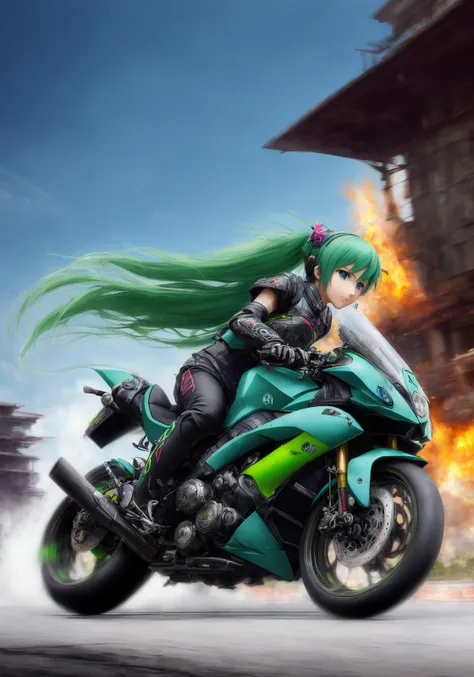 masterpiece, best quality, [detailed], [intricate], digital painting, full body portrait of a hatsune miku racing on a motorcycle, (driving fast), (sense of speed), vocaloid, yamaha fjr, green hair, green eyes, twintails, motion blur, noble, fantasy, sci-fi, dieselpunk, LotR, DnD, [WH40K], [highres], [absurdres], [sharp focus], bokeh, realistic shadows, lithograph by John William Waterhouse and Kyoto animation and Yoshitaka Amano and Frank Frazetta