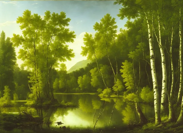 A lush green forest, birch trees, pond, by Asher Brown Durand