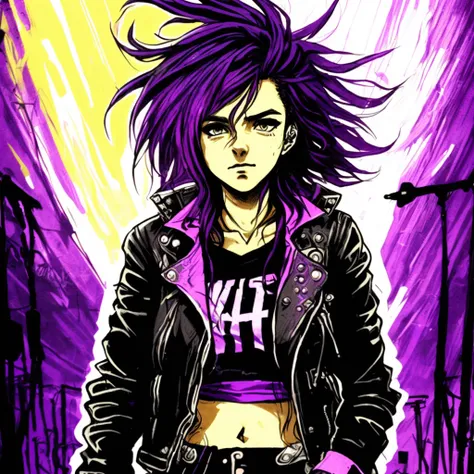 by Alice Pasquini and alena aenami, punk girl, purple hair, wild hair, leather jacket, concert lights