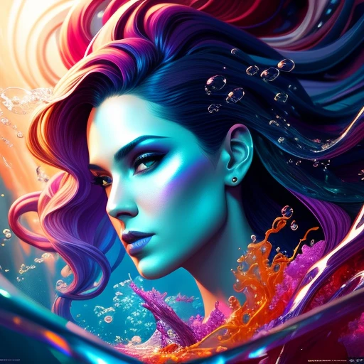 modelshoot style, (extremely detailed CG unity 8k wallpaper), Chaotic storm of intricate liquid smoke in the head, stylized beauty full - length abstract portrait, wet-skin, by petros afshar, ross tran, tom whalen, peter mohrbacher, artgerm, shattered glass, ((bubbly underwater scenery)) radiant light octane render highly detailed