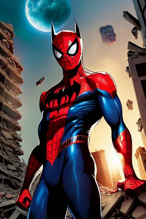 comic book illustration of (spider-man BATMAN BEYOND:1.1), superman, looking up at the sky, scary mask, (face focus:1.2), (destroyed city:1.2), 8k, (Building rubble:1.4) background, looking at viewer, realistic, masterpiece, highest quality, backlighting, (lens flare:1.1), (bloom:1.1), (chromatic aberration:1.1), by Jeremy Lipking, by Antonio J. Manzanedo, art by mark bagley,
