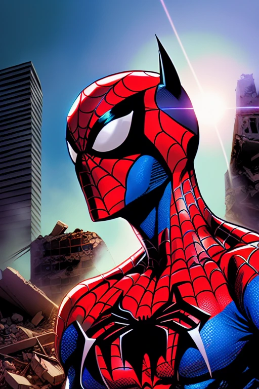 comic book illustration of (spider-man BATMAN BEYOND:1.1), superman, looking up at the sky, scary mask, (face focus:1.2), (destroyed city:1.2), 8k, (Building rubble:1.4) background, looking at viewer, realistic, masterpiece, highest quality, backlighting, (lens flare:1.1), (bloom:1.1), (chromatic aberration:1.1), by Jeremy Lipking, by Antonio J. Manzanedo, art by mark bagley,