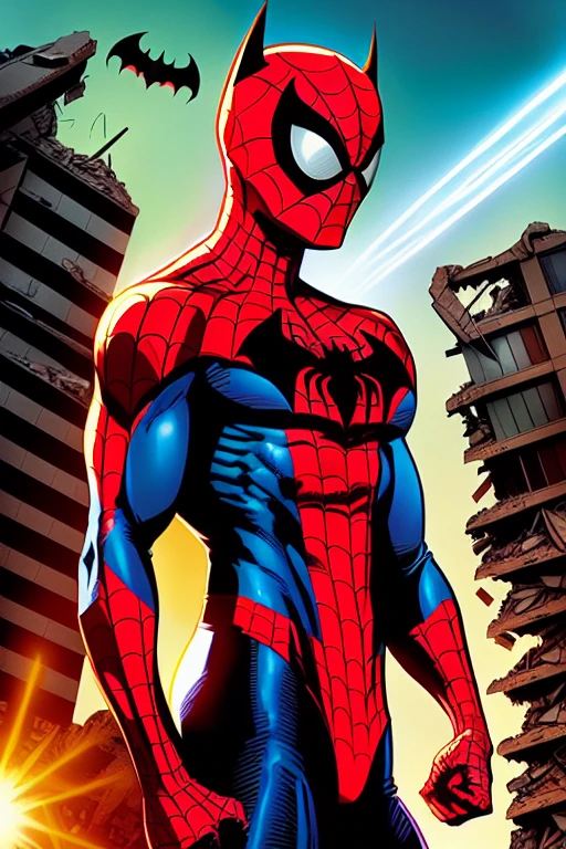 comic book illustration of (spider-man BATMAN BEYOND:1.1), superman, looking up at the sky, scary mask, (face focus:1.2), (destroyed city:1.2), 8k, (Building rubble:1.4) background, looking at viewer, realistic, masterpiece, highest quality, backlighting, (lens flare:1.1), (bloom:1.1), (chromatic aberration:1.1), by Jeremy Lipking, by Antonio J. Manzanedo, art by mark bagley,