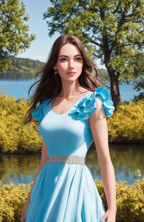 masterpiece, best quality, optimal exposure, aperture f/2, shutter speed 1/1000, ISO 400, close up, beautiful woman, (((wearing a beautiful dress))), lake, blue sky, trees, outside, ((detailed)), colorful, vibrant, ((photorealistic)), digital painting, by Artgerm