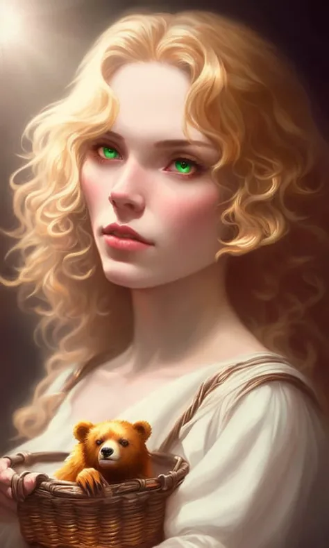 closeup portrait of a cute goldie locks in a dark abandoned cabin, bear in background, scary, (backlighting), realistic, masterpiece, highest quality, ((green dress 1700s)), basket of food on ground,  ((scared)), lens flare, shade, bloom, ((light sparkles)), [chromatic aberration], by Jeremy Lipking, by Antonio J. Manzanedo, by (Alphonse Mucha), digital painting