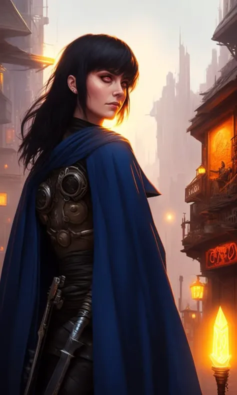 closeup portrait of a beautiful rogue, standing against a wall, back against the wall, short black hair, wearing leather tunic, pauldrons, she is hiding from the city guard, dagger in hand, quiet, sneaky, torchlight, (backlighting), realistic, masterpiece, highest quality, ((dark blue wizard robe)), fantasy city street in background, tavern in background, fantasy buildings in background, night, dark, glowing runes,  ((excited)), lens flare, shade, bloom, ((light sparkles)), [chromatic aberration], by Jeremy Lipking, by Antonio J. Manzanedo, by (Alphonse Mucha), digital painting, (goth:1.2),(enhanced cyborg body:1.1),(intricate:1.2), (cyberpunk:1.2), (in the style of Blade Runner:1.2), ( robot joints:1.1), (robot eyes:1.2), (perfect face:1.2), (led lighting:1.2), (smokey:1.1), (in the style of Ghost In The Shell:1.2)
