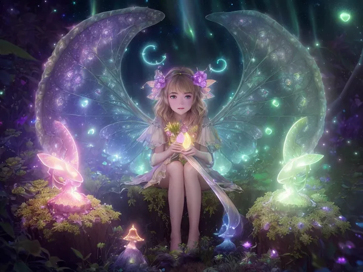 (highly detailed:1.2),(best quality:1.2),(8k:1.2),sharp focus,(subsurface scattering:1.1),award-winning photograph
(glowing bioluminescent forest:1.2),adorable chibi fairy ,kiernan shipka mackenzie foy barbara palvin, iridescent fairy wings
(very detailed background:1.2),(magical fantasy:1.0), (knollingcase:1.1),(dreamlikeart:1.1), dramatic lighting, by greg rutkowski alphonse mucha wlop