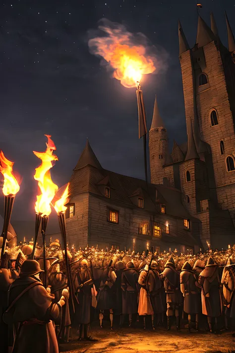Mob of peasants holding torches and pitchforks, medieval fantasy, gothic horror, nighttime, spooky castle background, highly detailed
