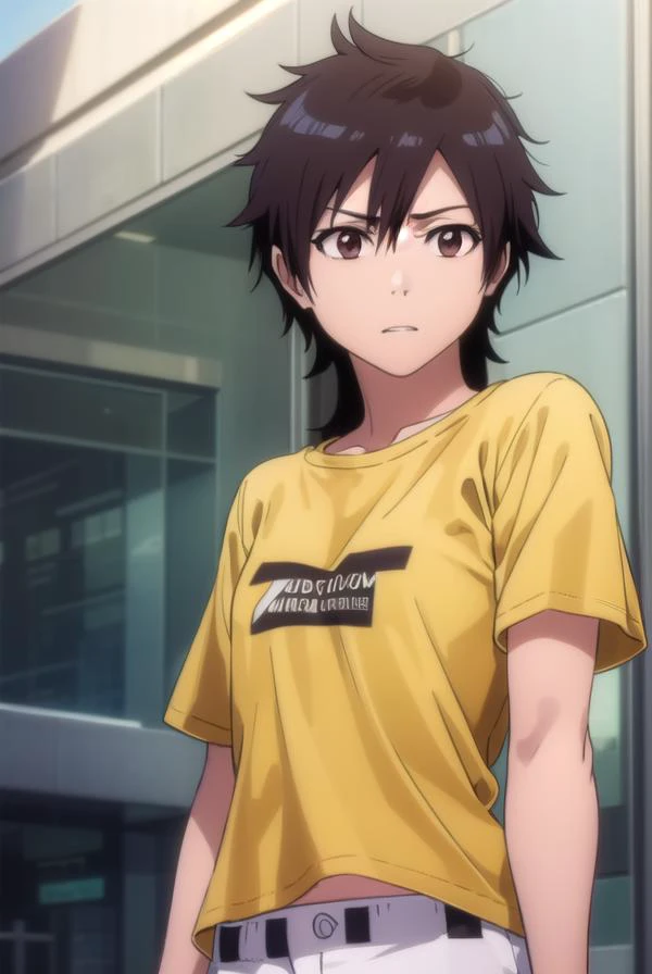 tatsuki, <lora:tatsuki-lora-nochekaiser:1>,
tatsuki, short hair, black hair, long hair, (brown eyes:1.5),
BREAK t-shirt, shirt, yellow shirt, short sleeves, pants, purple pants,
BREAK looking at viewer, upper body, full body, cowboy shot,
BREAK indoors,
BREAK <lyco:GoodHands-beta2:1>, (masterpiece:1.2), best quality, high resolution, unity 8k wallpaper, (illustration:0.8), (beautiful detailed eyes:1.6), extremely detailed face, perfect lighting, extremely detailed CG, (perfect hands, perfect anatomy),